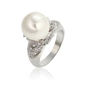 rhodium plated cz diamond & pearl ring